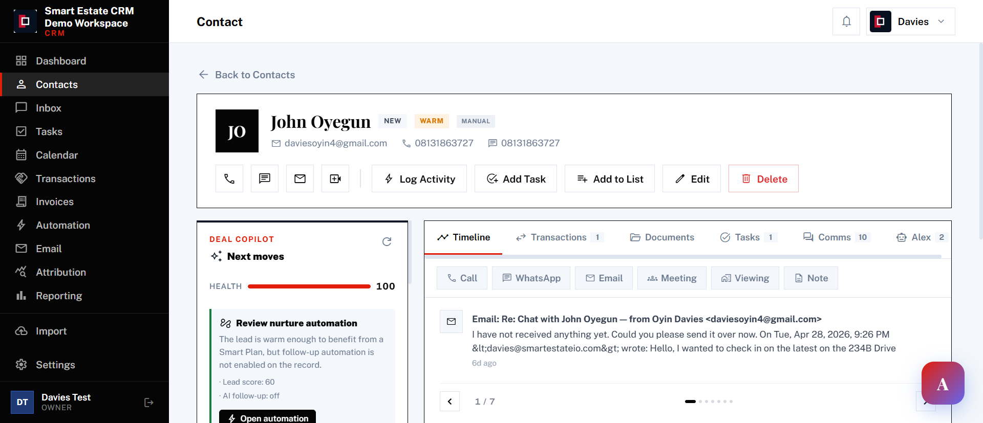 Smart Estate CRM Lead Detail, engagement hub and timeline