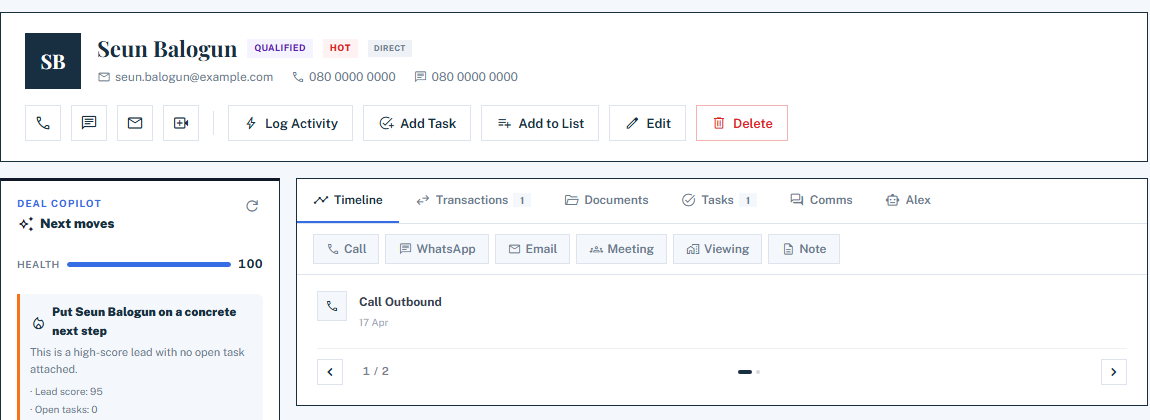 A single contact record showing the person's details alongside a timeline of every enquiry they have made, each with a date and the property it was about